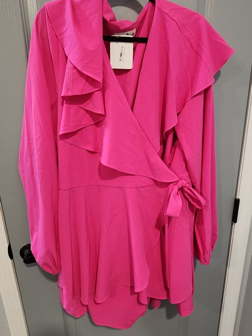 Bright Pink Wrap Romper with Ruffle Detail